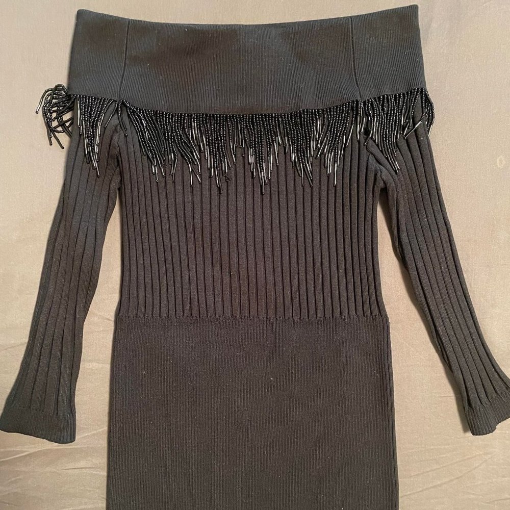NWT Cache Small Silk Knit Off Shoulder Ribbed Sweater Bead Fringe 3/4 Sleeve